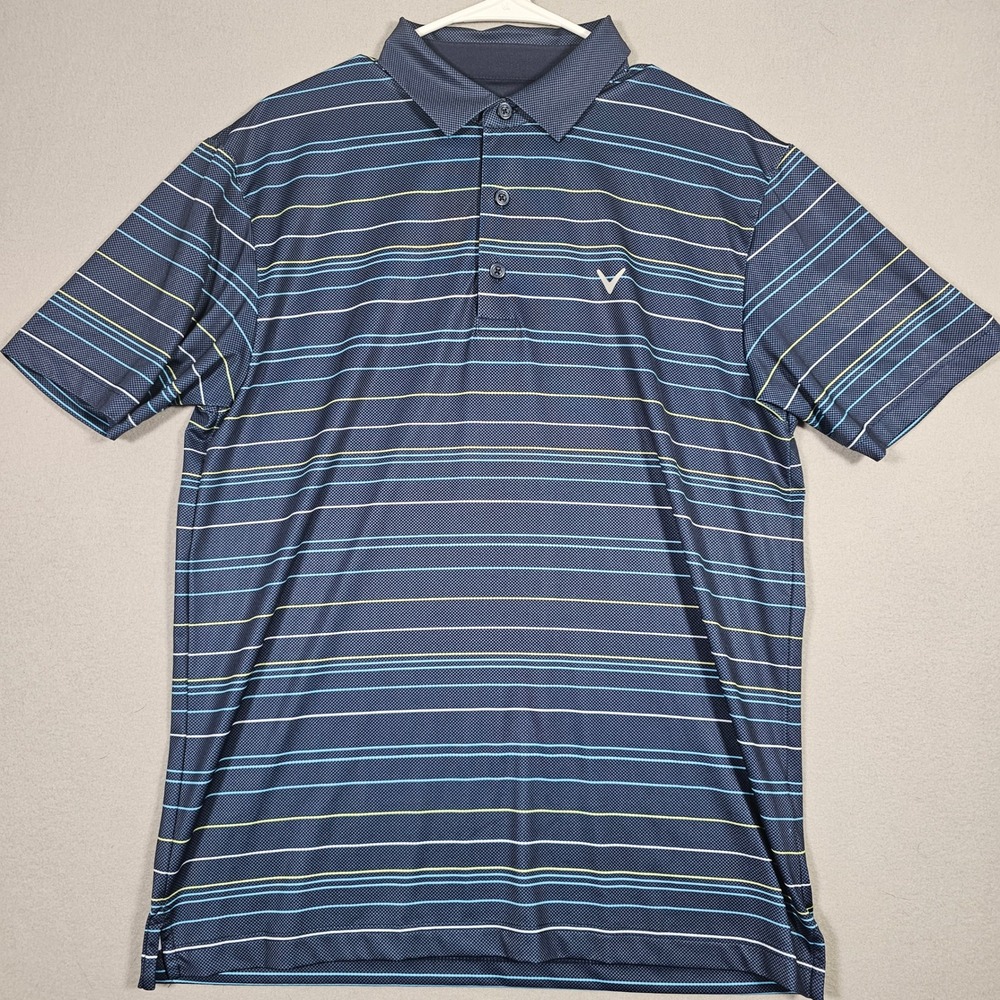 Callaway Opti-Dri Mens Medium Navy Blue Striped Golf Polo Shirt Short‎ Sleeve M